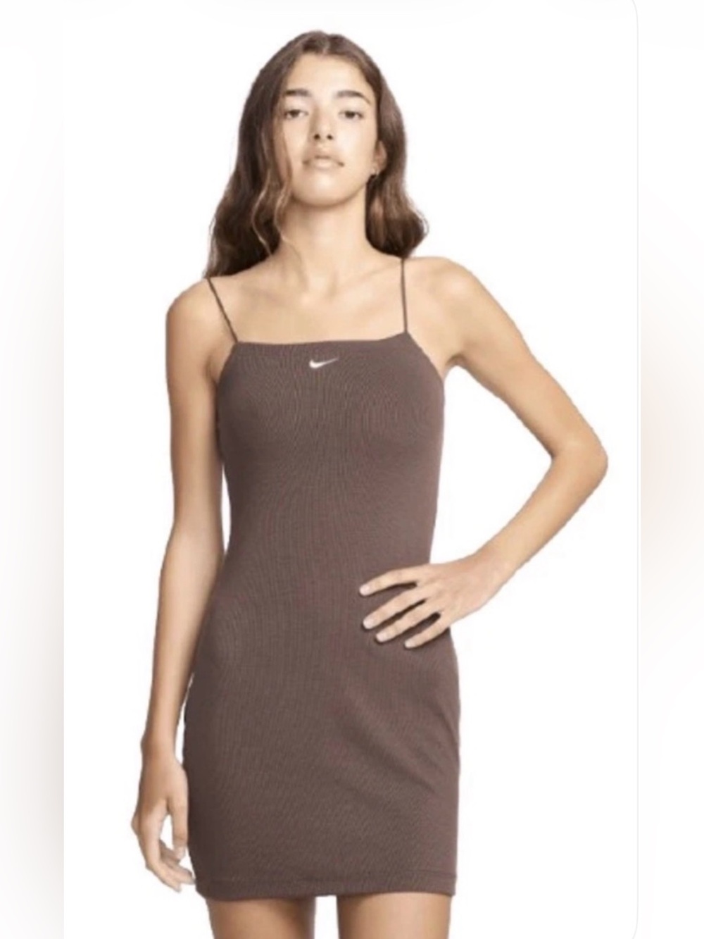 Nike Women's Sportswear Chill Knit Mini-Ribbed Camisole Cami Dress Brown XL